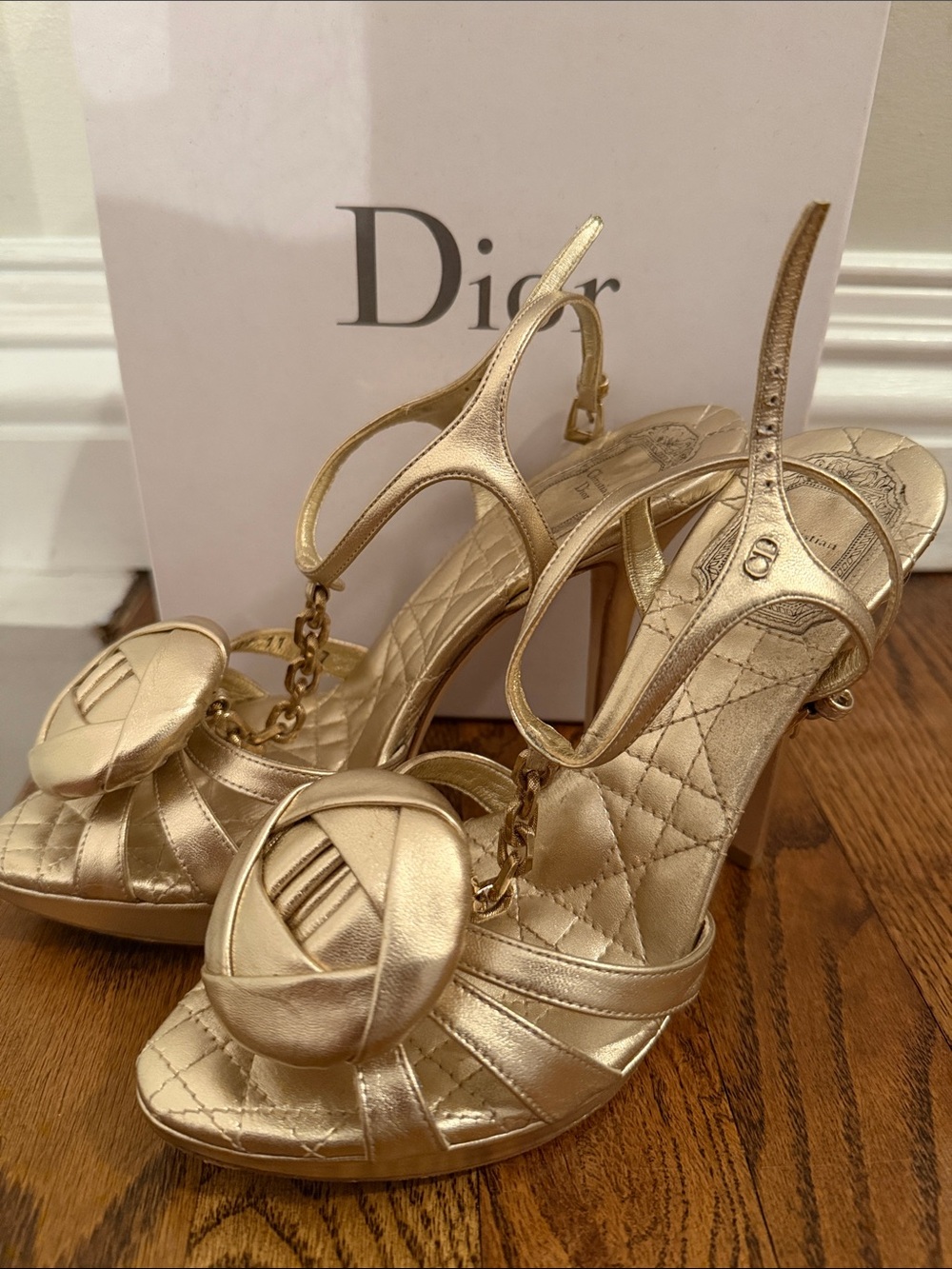 Dior Metallic Gold Leather Chain-Accent Slingback Heels size 7